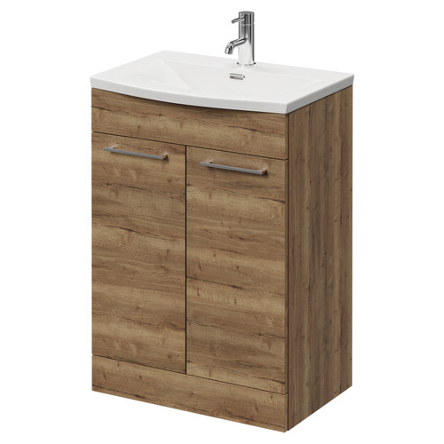 Napoli Tobacco Oak 600mm Floor Standing Vanity Unit with 1 Tap Hole Curved Basin and 2 Doors with Chrome Handles Right Hand View