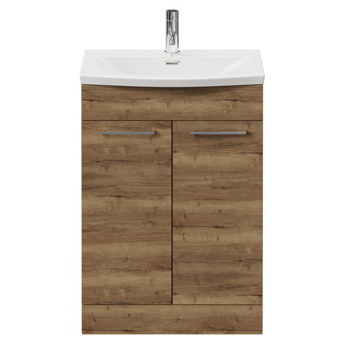 Napoli Tobacco Oak 600mm Floor Standing Vanity Unit with 1 Tap Hole Curved Basin and 2 Doors with Chrome Handles View from Front