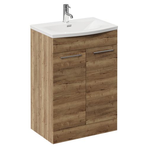 Napoli Tobacco Oak 600mm Floor Standing Vanity Unit with 1 Tap Hole Curved Basin and 2 Doors with Chrome Handles Left Hand View