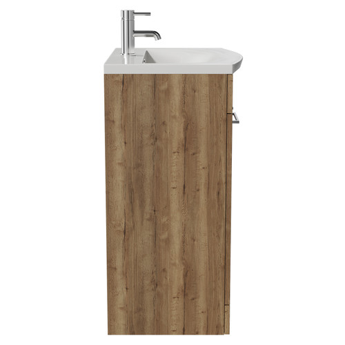Napoli Tobacco Oak 600mm Floor Standing Vanity Unit with 1 Tap Hole Curved Basin and 2 Doors with Chrome Handles View from Side