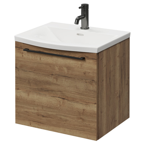 Napoli Tobacco Oak 500mm Wall Mounted Vanity Unit with 1 Tap Hole Curved Basin and Single Drawer with Gunmetal Grey Handle Right Hand View