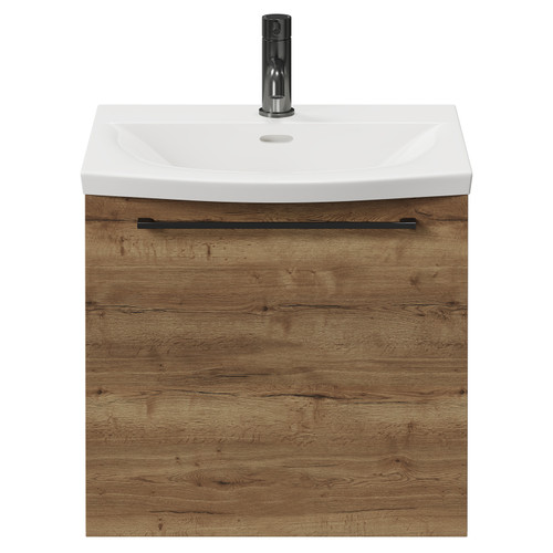 Napoli Tobacco Oak 500mm Wall Mounted Vanity Unit with 1 Tap Hole Curved Basin and Single Drawer with Gunmetal Grey Handle View from Front