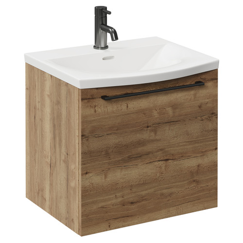 Napoli Tobacco Oak 500mm Wall Mounted Vanity Unit with 1 Tap Hole Curved Basin and Single Drawer with Gunmetal Grey Handle Left Hand View