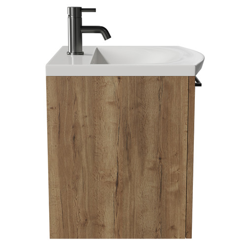 Napoli Tobacco Oak 500mm Wall Mounted Vanity Unit with 1 Tap Hole Curved Basin and Single Drawer with Gunmetal Grey Handle View from Side