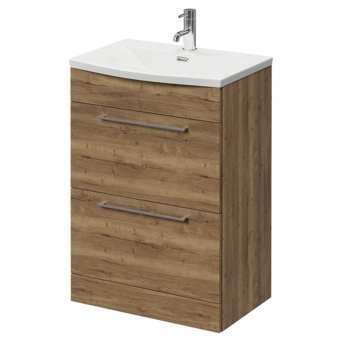 Napoli Tobacco Oak 600mm Floor Standing Vanity Unit with 1 Tap Hole Curved Basin and 2 Drawers with Chrome Handles Right Hand View