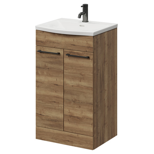 Napoli Tobacco Oak 500mm Floor Standing Vanity Unit with 1 Tap Hole Curved Basin and 2 Doors with Gunmetal Grey Handles Right Hand View