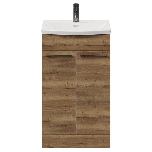 Napoli Tobacco Oak 500mm Floor Standing Vanity Unit with 1 Tap Hole Curved Basin and 2 Doors with Gunmetal Grey Handles View from Front