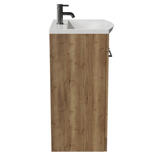 Napoli Tobacco Oak 500mm Floor Standing Vanity Unit with 1 Tap Hole Curved Basin and 2 Doors with Gunmetal Grey Handles View from Side