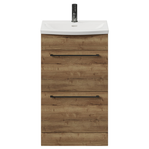 Napoli Tobacco Oak 500mm Floor Standing Vanity Unit with 1 Tap Hole Curved Basin and 2 Drawers with Gunmetal Grey Handles View from Front