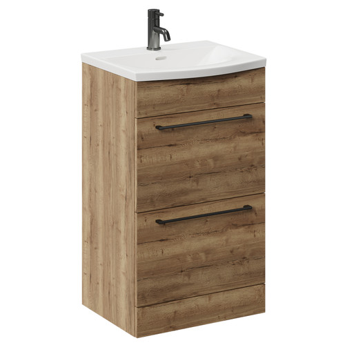 Napoli Tobacco Oak 500mm Floor Standing Vanity Unit with 1 Tap Hole Curved Basin and 2 Drawers with Gunmetal Grey Handles Left Hand View