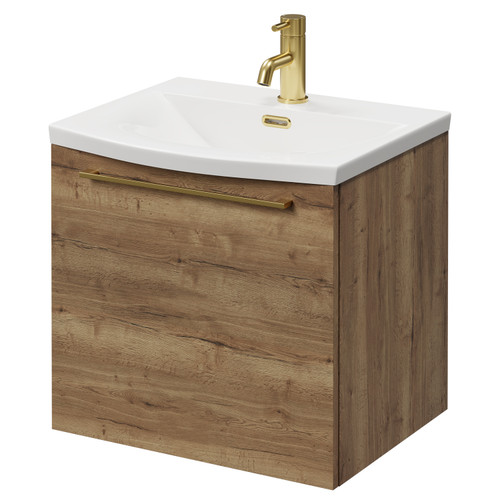 Napoli Tobacco Oak 500mm Wall Mounted Vanity Unit with 1 Tap Hole Curved Basin and Single Drawer with Brushed Brass Handle Right Hand View