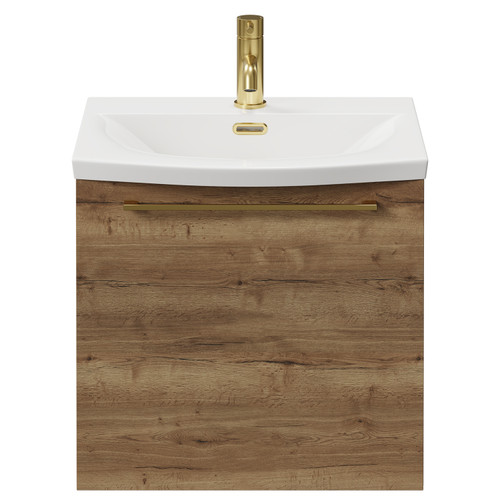 Napoli Tobacco Oak 500mm Wall Mounted Vanity Unit with 1 Tap Hole Curved Basin and Single Drawer with Brushed Brass Handle View from Front