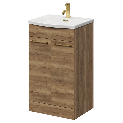 Napoli Tobacco Oak 500mm Floor Standing Vanity Unit with 1 Tap Hole Curved Basin and 2 Doors with Brushed Brass Handles Right Hand View