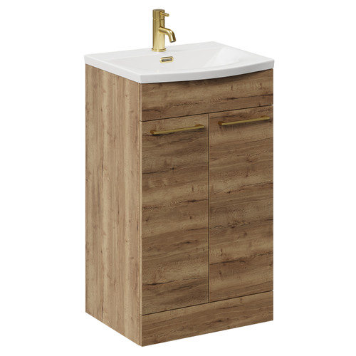 Napoli Tobacco Oak 500mm Floor Standing Vanity Unit with 1 Tap Hole Curved Basin and 2 Doors with Brushed Brass Handles Left Hand View