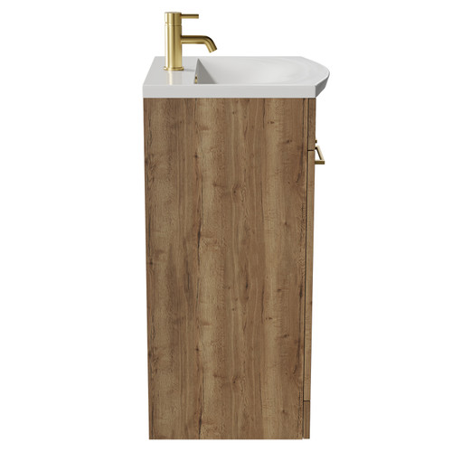 Napoli Tobacco Oak 500mm Floor Standing Vanity Unit with 1 Tap Hole Curved Basin and 2 Doors with Brushed Brass Handles View from Side