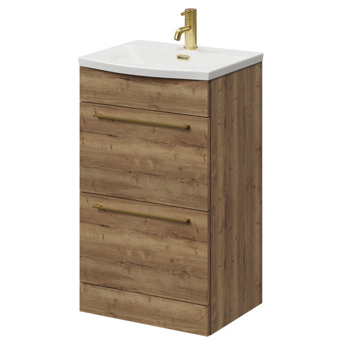 Napoli Tobacco Oak 500mm Floor Standing Vanity Unit with 1 Tap Hole Curved Basin and 2 Drawers with Brushed Brass Handles Right Hand View
