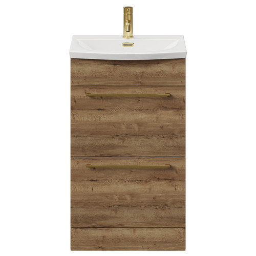 Napoli Tobacco Oak 500mm Floor Standing Vanity Unit with 1 Tap Hole Curved Basin and 2 Drawers with Brushed Brass Handles View from Front
