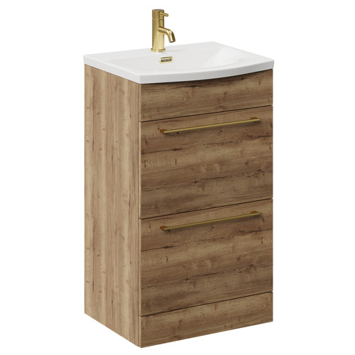 Napoli Tobacco Oak 500mm Floor Standing Vanity Unit with 1 Tap Hole Curved Basin and 2 Drawers with Brushed Brass Handles Left Hand View