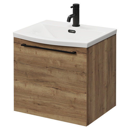 Napoli Tobacco Oak 500mm Wall Mounted Vanity Unit with 1 Tap Hole Curved Basin and Single Drawer with Matt Black Handle Right Hand View