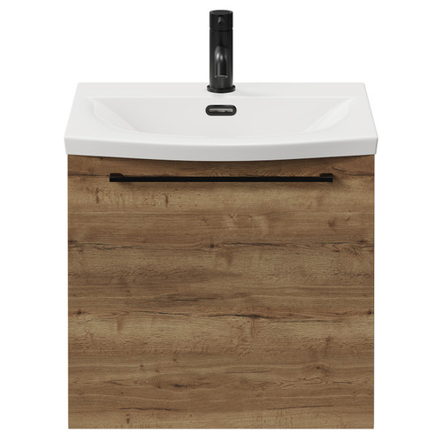 Napoli Tobacco Oak 500mm Wall Mounted Vanity Unit with 1 Tap Hole Curved Basin and Single Drawer with Matt Black Handle View from Front