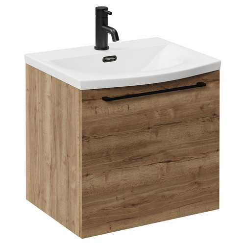 Napoli Tobacco Oak 500mm Wall Mounted Vanity Unit with 1 Tap Hole Curved Basin and Single Drawer with Matt Black Handle Left Hand View