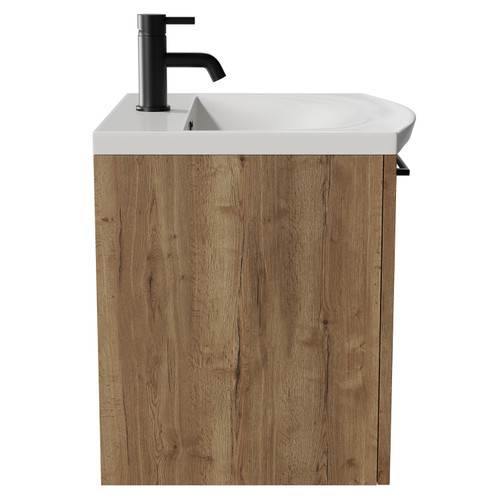 Napoli Tobacco Oak 500mm Wall Mounted Vanity Unit with 1 Tap Hole Curved Basin and Single Drawer with Matt Black Handle View from Side