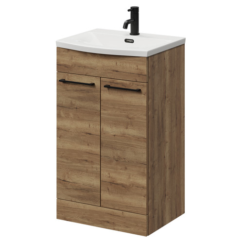 Napoli Tobacco Oak 500mm Floor Standing Vanity Unit with 1 Tap Hole Curved Basin and 2 Doors with Matt Black Handles Right Hand View