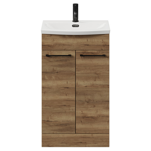 Napoli Tobacco Oak 500mm Floor Standing Vanity Unit with 1 Tap Hole Curved Basin and 2 Doors with Matt Black Handles View from Front