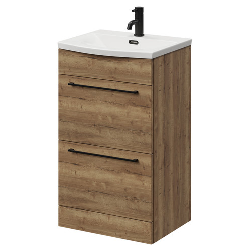 Napoli Tobacco Oak 500mm Floor Standing Vanity Unit with 1 Tap Hole Curved Basin and 2 Drawers with Matt Black Handles Right Hand View