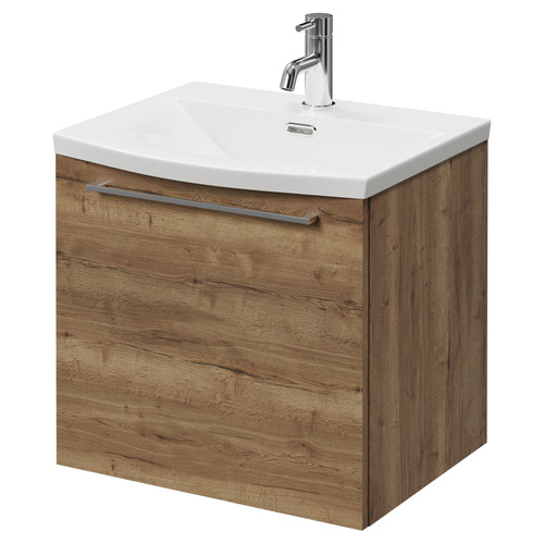 Napoli Tobacco Oak 500mm Wall Mounted Vanity Unit with 1 Tap Hole Curved Basin and Single Drawer with Chrome Handle Right Hand View