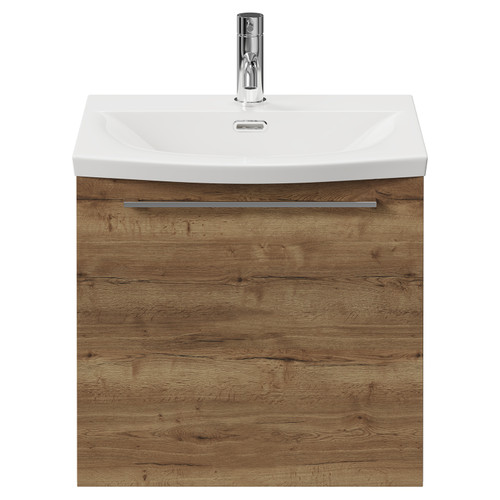 Napoli Tobacco Oak 500mm Wall Mounted Vanity Unit with 1 Tap Hole Curved Basin and Single Drawer with Chrome Handle View from Front