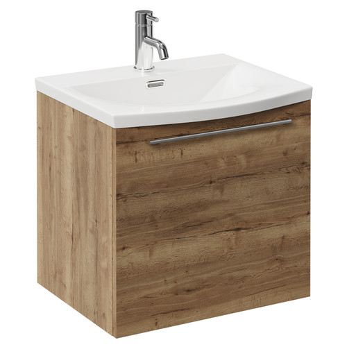 Napoli Tobacco Oak 500mm Wall Mounted Vanity Unit with 1 Tap Hole Curved Basin and Single Drawer with Chrome Handle Left Hand View