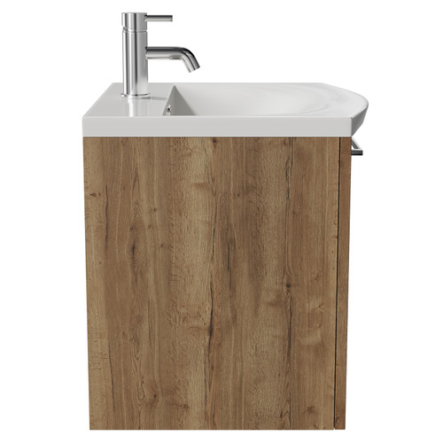 Napoli Tobacco Oak 500mm Wall Mounted Vanity Unit with 1 Tap Hole Curved Basin and Single Drawer with Chrome Handle View from Side