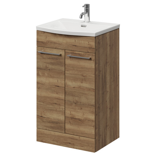 Napoli Tobacco Oak 500mm Floor Standing Vanity Unit with 1 Tap Hole Curved Basin and 2 Doors with Chrome Handles Right Hand View