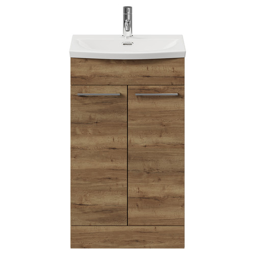 Napoli Tobacco Oak 500mm Floor Standing Vanity Unit with 1 Tap Hole Curved Basin and 2 Doors with Chrome Handles View from Front