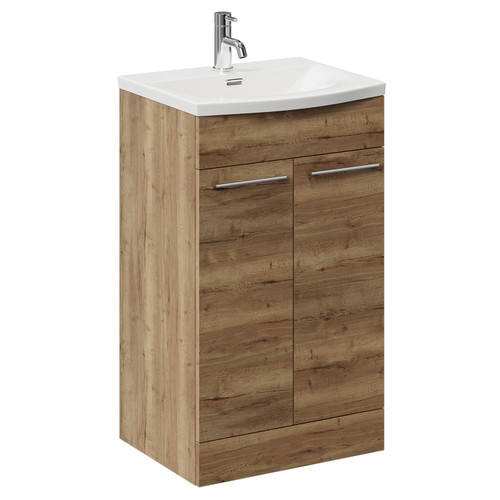 Napoli Tobacco Oak 500mm Floor Standing Vanity Unit with 1 Tap Hole Curved Basin and 2 Doors with Chrome Handles Left Hand View