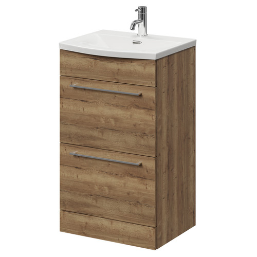 Napoli Tobacco Oak 500mm Floor Standing Vanity Unit with 1 Tap Hole Curved Basin and 2 Drawers with Chrome Handles Right Hand View