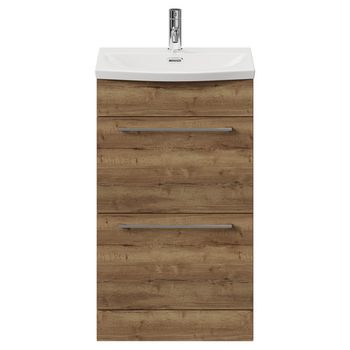 Napoli Tobacco Oak 500mm Floor Standing Vanity Unit with 1 Tap Hole Curved Basin and 2 Drawers with Chrome Handles View from Front