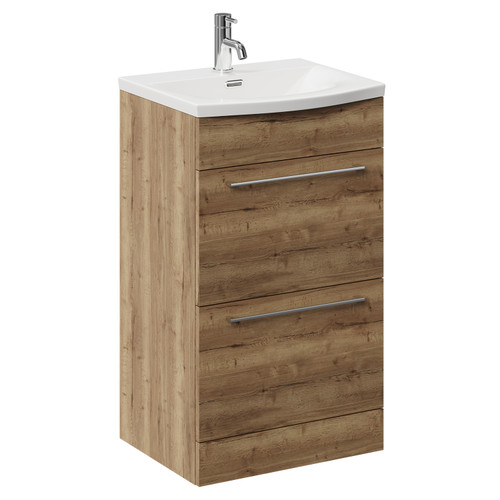Napoli Tobacco Oak 500mm Floor Standing Vanity Unit with 1 Tap Hole Curved Basin and 2 Drawers with Chrome Handles Left Hand View