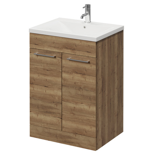 Napoli Tobacco Oak 600mm Floor Standing Vanity Unit with 1 Tap Hole Basin and 2 Doors with Chrome Handles Right Hand View