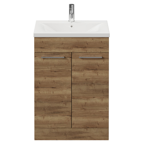 Napoli Tobacco Oak 600mm Floor Standing Vanity Unit with 1 Tap Hole Basin and 2 Doors with Chrome Handles View from Front