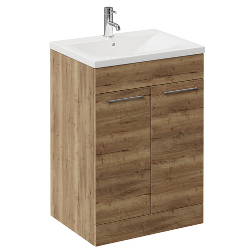 Napoli Tobacco Oak 600mm Floor Standing Vanity Unit with 1 Tap Hole Basin and 2 Doors with Chrome Handles Left Hand View