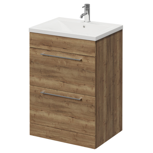 Napoli Tobacco Oak 600mm Floor Standing Vanity Unit with 1 Tap Hole Basin and 2 Drawers with Chrome Handles Right Hand View