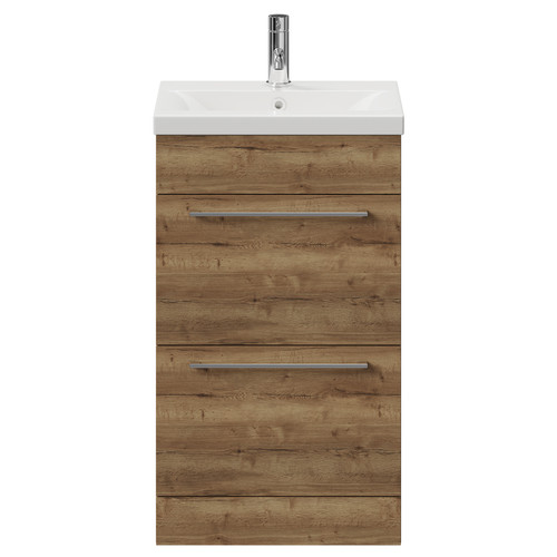 Napoli Tobacco Oak 500mm Floor Standing Vanity Unit with 1 Tap Hole Basin and 2 Drawers with Chrome Handles View from Front