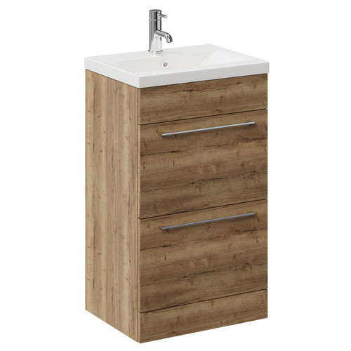 Napoli Tobacco Oak 500mm Floor Standing Vanity Unit with 1 Tap Hole Basin and 2 Drawers with Chrome Handles Left Hand View