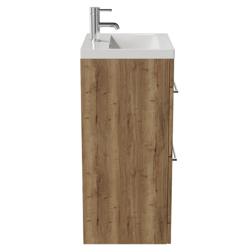 Napoli Tobacco Oak 500mm Floor Standing Vanity Unit with 1 Tap Hole Basin and 2 Drawers with Chrome Handles View from Side