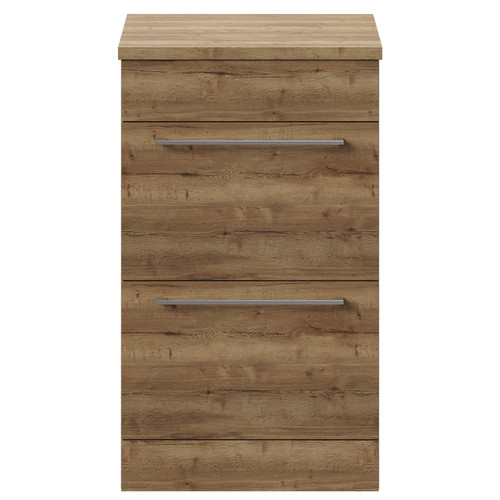 Napoli Tobacco Oak 500mm Floor Standing Vanity Unit for Countertop Basins with 2 Drawers and Chrome Handles View from Front