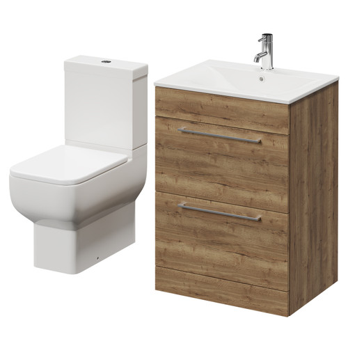Napoli Tobacco Oak 600mm Vanity Unit and Toilet Suite including Tacoma Close Coupled Toilet and Floor Standing Vanity Unit with 2 Drawers and Chrome Handles Right Hand View