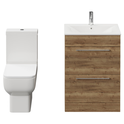 Napoli Tobacco Oak 600mm Vanity Unit and Toilet Suite including Tacoma Close Coupled Toilet and Floor Standing Vanity Unit with 2 Drawers and Chrome Handles View from Front