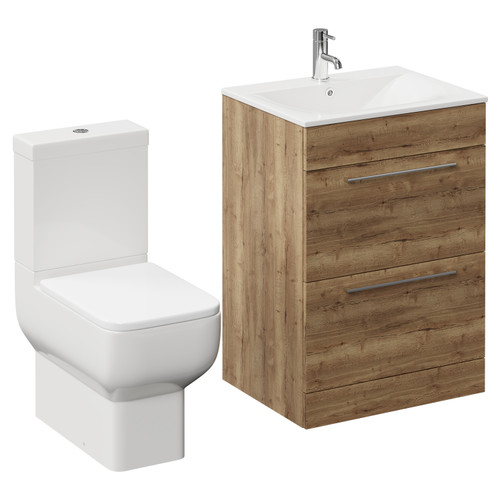 Napoli Tobacco Oak 600mm Vanity Unit and Toilet Suite including Tacoma Close Coupled Toilet and Floor Standing Vanity Unit with 2 Drawers and Chrome Handles Left Hand View